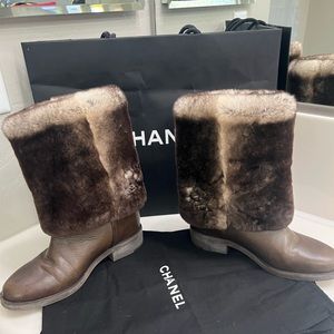 CHANEL CC 15B Leather Lapin Fur Boots brown G31196 size 39/8.5